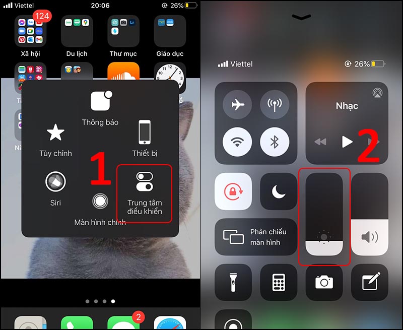 Chọn Assistive Touch > Chọn Trung tâm điều khiển > Kéo thanh sáng tối để điều chỉnh ánh sáng phù hợp.